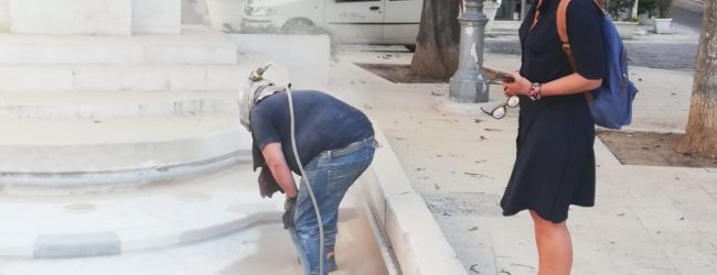 Trani – Pulizia fontana di piazza Libertà: riemerge dal fondo il mosaico. VIDEO e FOTO
